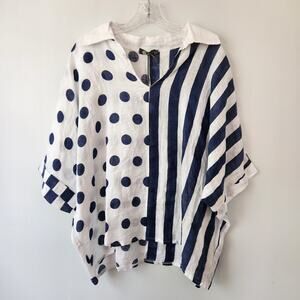 Made In Italy Top Womens M White Navy Polka Dot Stripe Linen Lagenlook Boho Chic